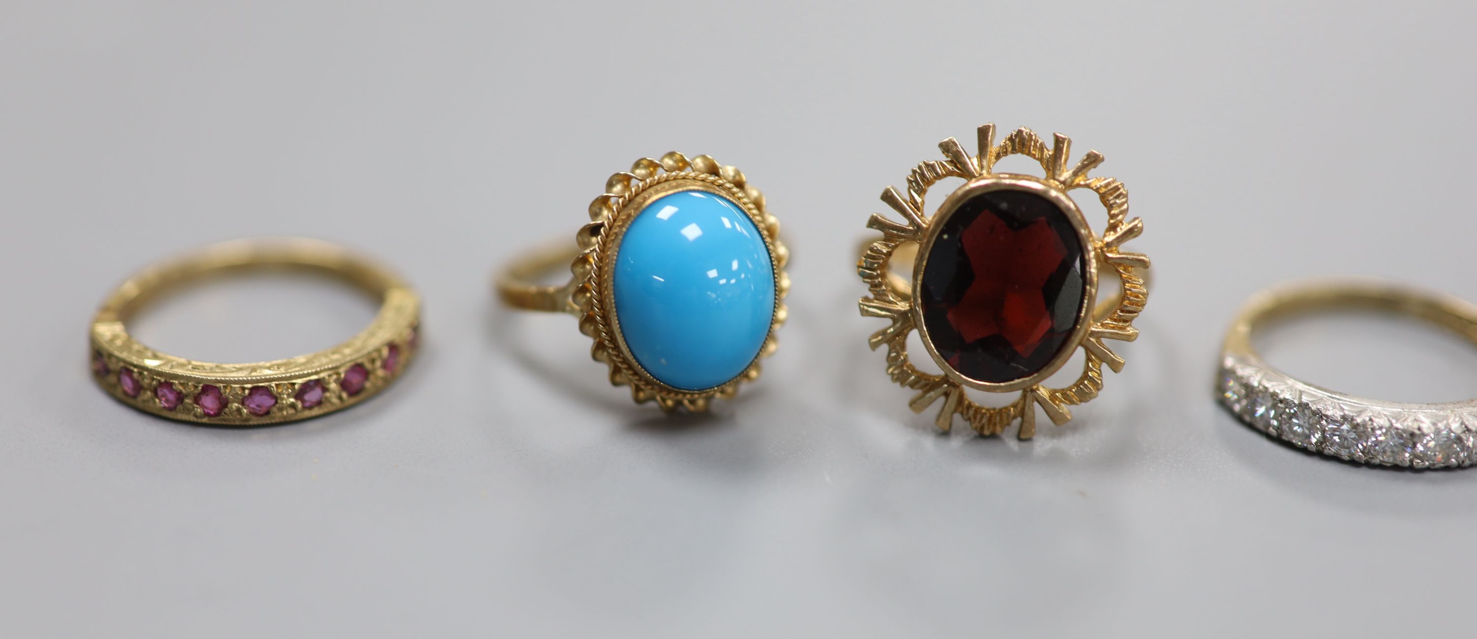 Five assorted modern 9ct gold and gem set rings including seven stone diamond chip ring, turquoise and ruby